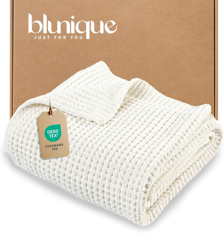 Waffle Knit Throw Blanket, Luxury Cozy Chunky Knit Throw Blanket, 50 x 60 Inch Thick Ultra-Soft Feather Yarn Knitted