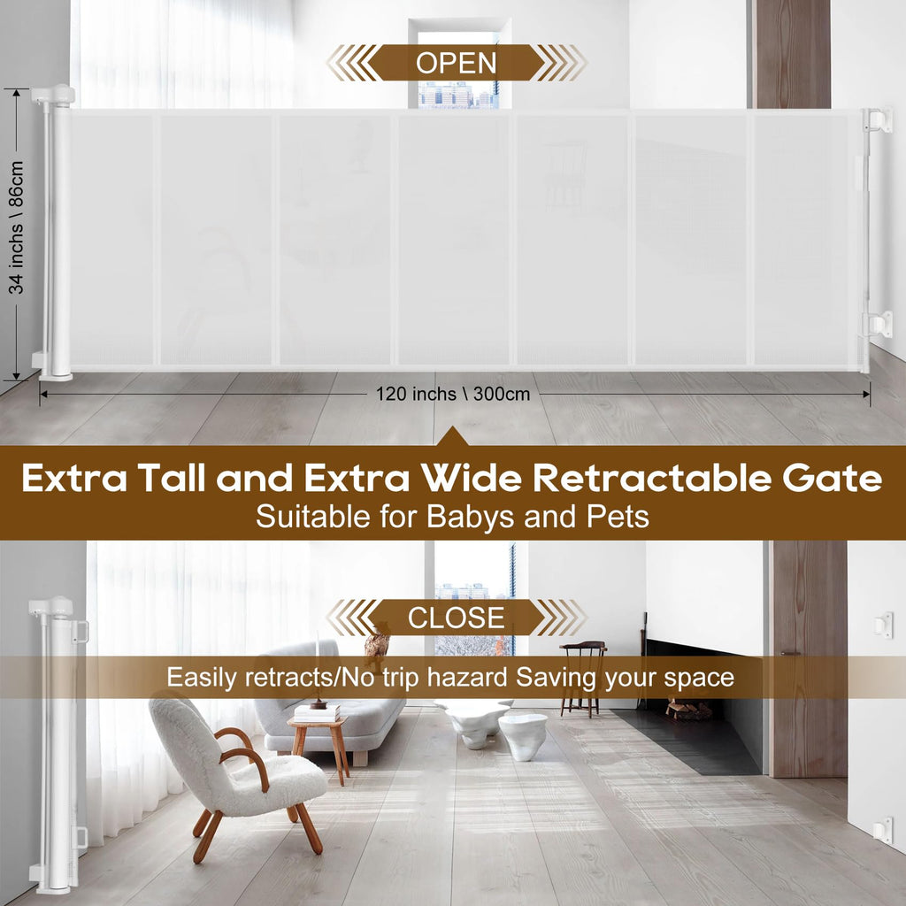 120 inch Reinforced Retractable Baby Gates 34 inch Tall