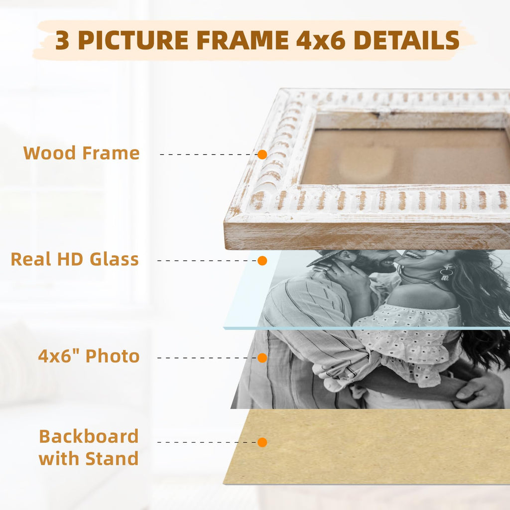 HOME Whitewashed Folding 3 Picture Frame 4x6, Wooden Triple 4 x 6 Picture Frame for Tabletop Display, Farmhouse
