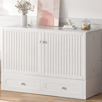 Murphy Bed Cabinet Queen with Tri-Fold Mattress Included & USB Charging Station, Modern Versatile Solid Wood Chest