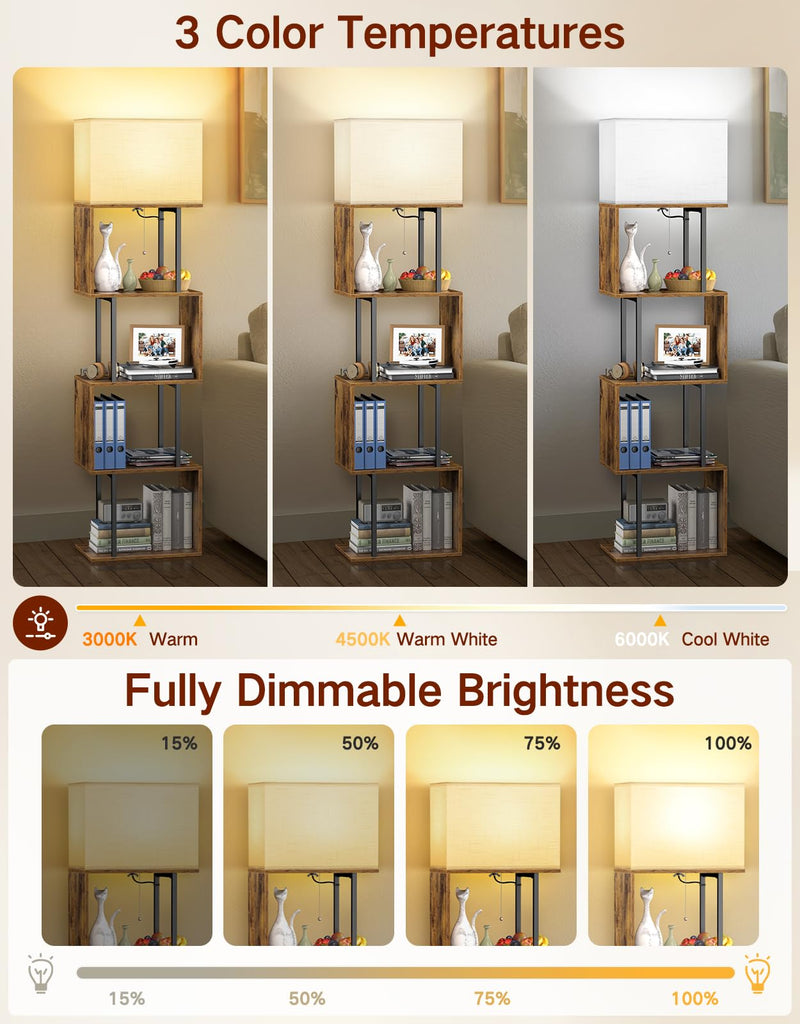 Floor Lamp with Shelves & Remote, Dimmable S-Shaped Bookshelf with 3 Color Temperature, 1-Hour Timer, Tall