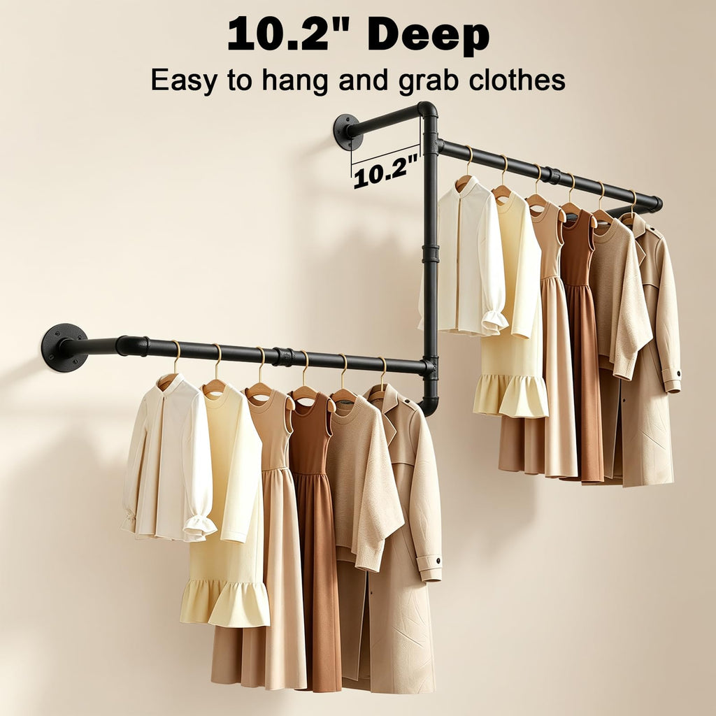 Industrial Pipe Clothes Rack, 50 In Heavy Duty Wall Mounted Garment Rack, DIY Rustic Iron Clothing Bar Closet Laundry