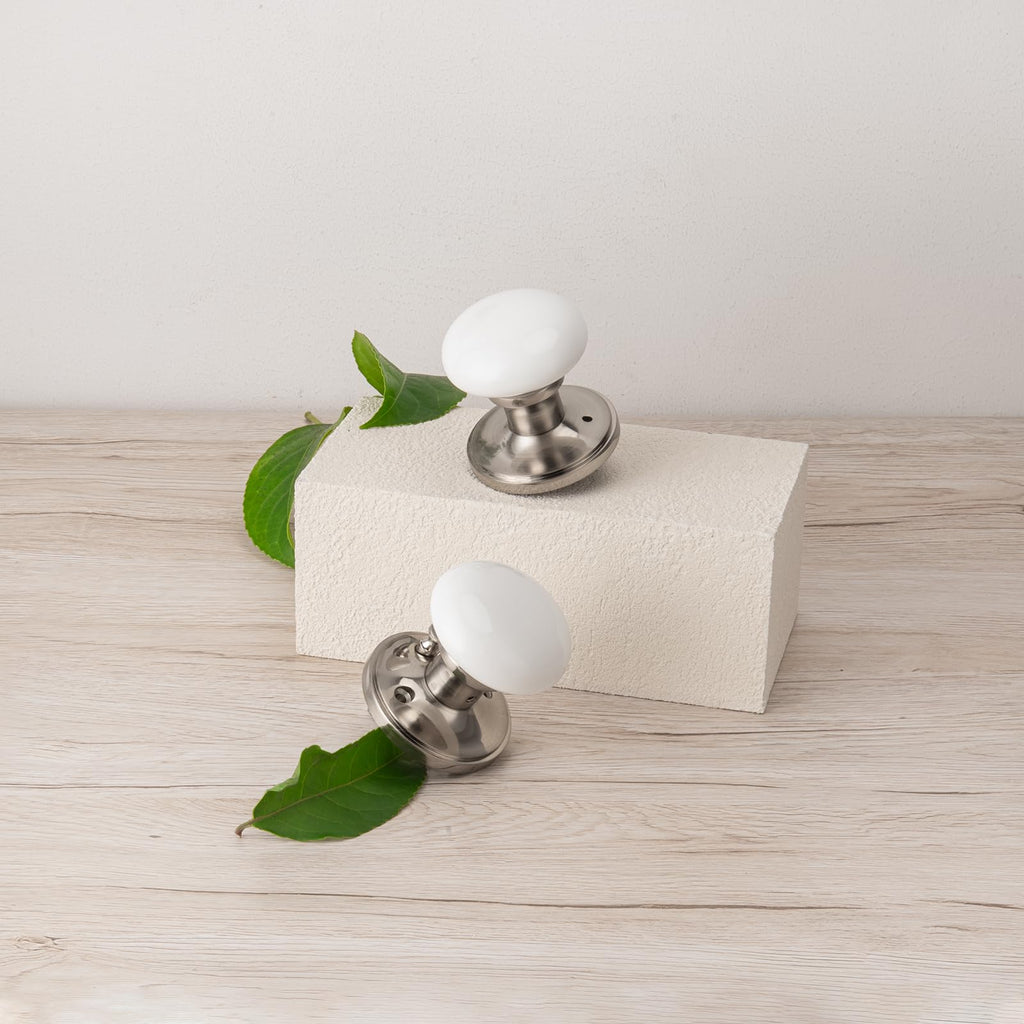 White Door Knob, Nickel Porcelain Door Handle with Push Lock for Bath