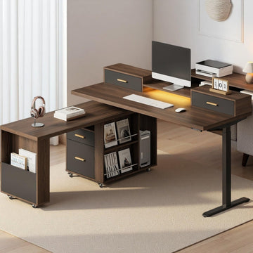 61'' L Shaped Electric Standing Desk, 360° Rotating, 4 Drawers | Height Adjustable Desk with LED Light, Monitor Riser