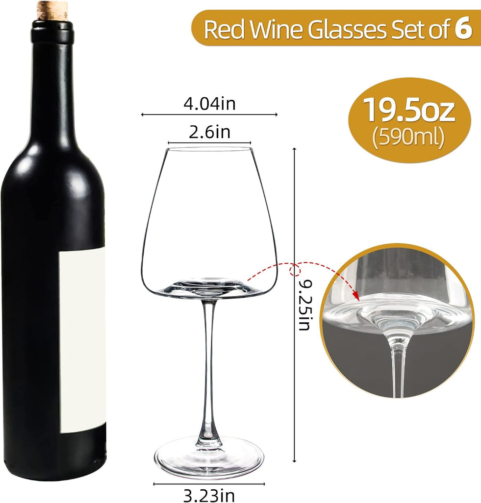 Red Wine Glasses Set of 6, 19.5 oz Durable Wine Glasses, Large Long Stem Wine Glasses with Unique Concave Bowl Base