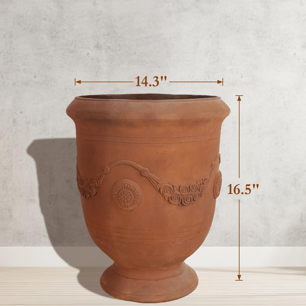 Large Urn Planter - 14" Dia x 16.5" H Lightweight Magnesium Oxide Plant Pot with Cement Texture - Rust-Like Finish
