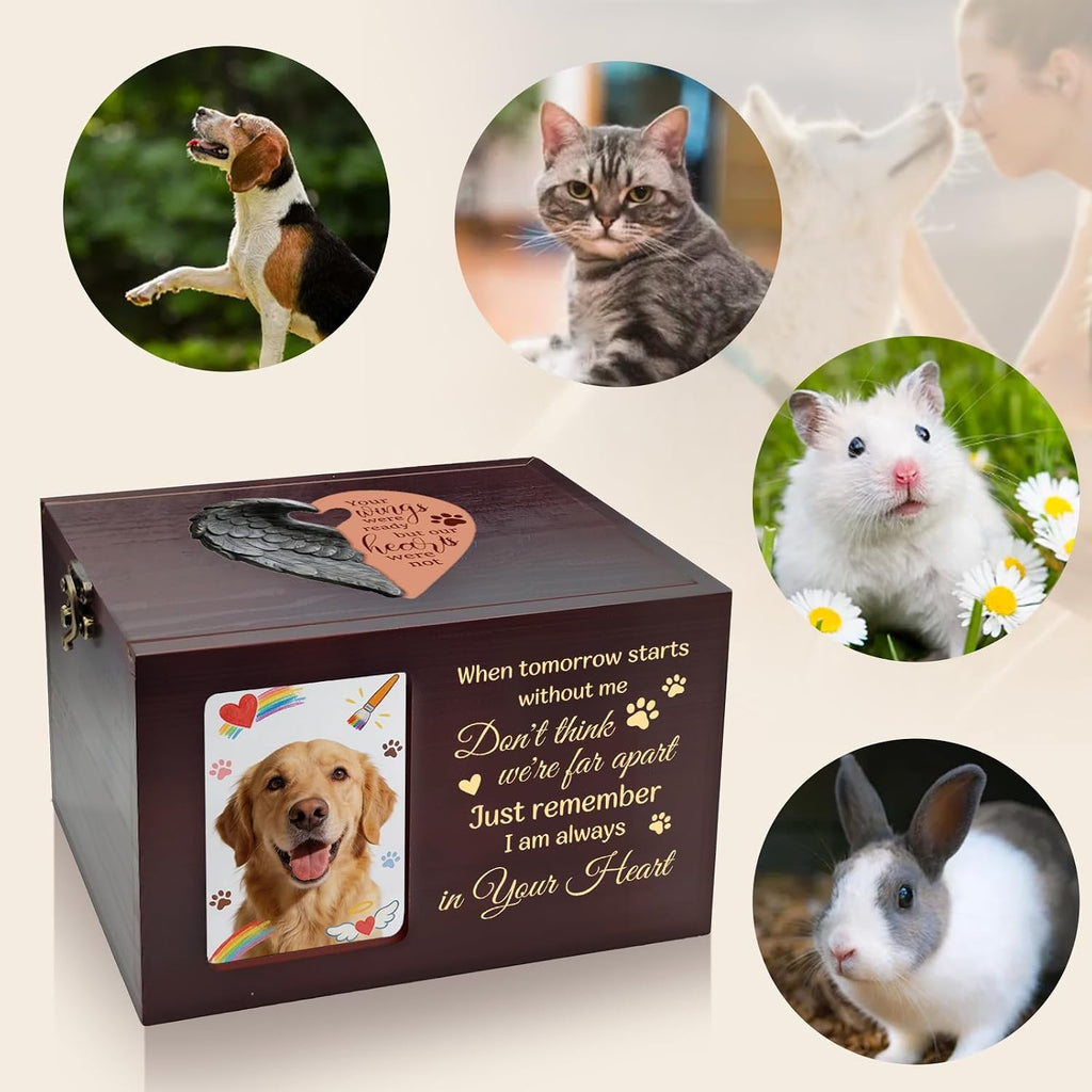 Pet Urns for Dog or Cat Ashes, Wooden Dog Urn for Ashes Memorial Keepsake Box with Photo Frame, Large Pet Cremation