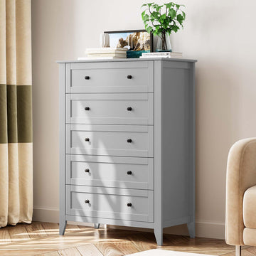 5 Drawer Dresser, Modern Tall Chest of Drawers with Metal Knobs, Wooden Clothes Storage Organizer for Closet