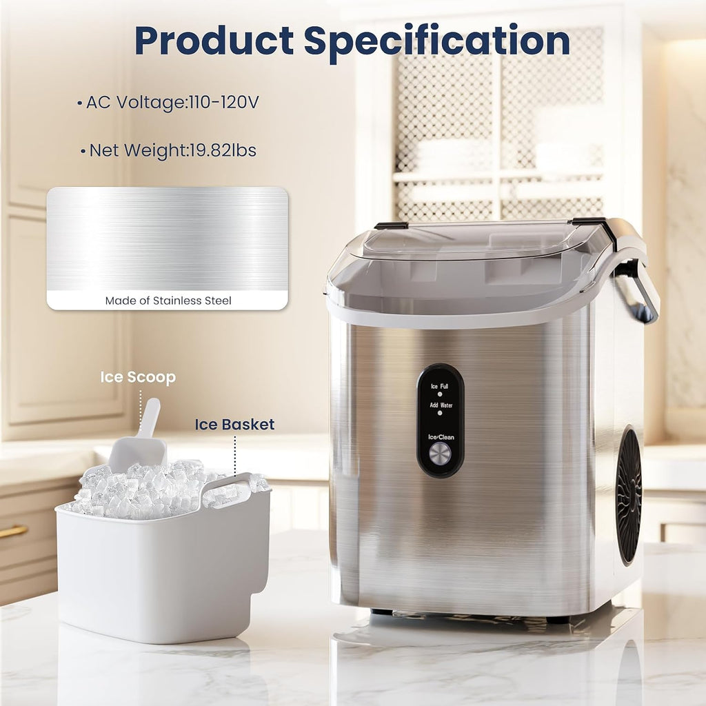 Nugget Ice Makers Countertop with Auto-Cleaning, 35lbs/Day, Portable Sonic Ice Machine with Handle, Basket and Scoop