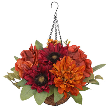 11" Fall Hanging Baskets Sunflowers Small Artificial Fall Hanging Decor Sunflowers Red Orange Fake Faux Plants Indoor
