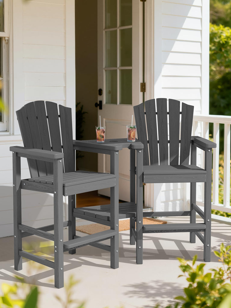 Tall Adirondack Chair Set of 2 with Double Connecting Trays, Gray