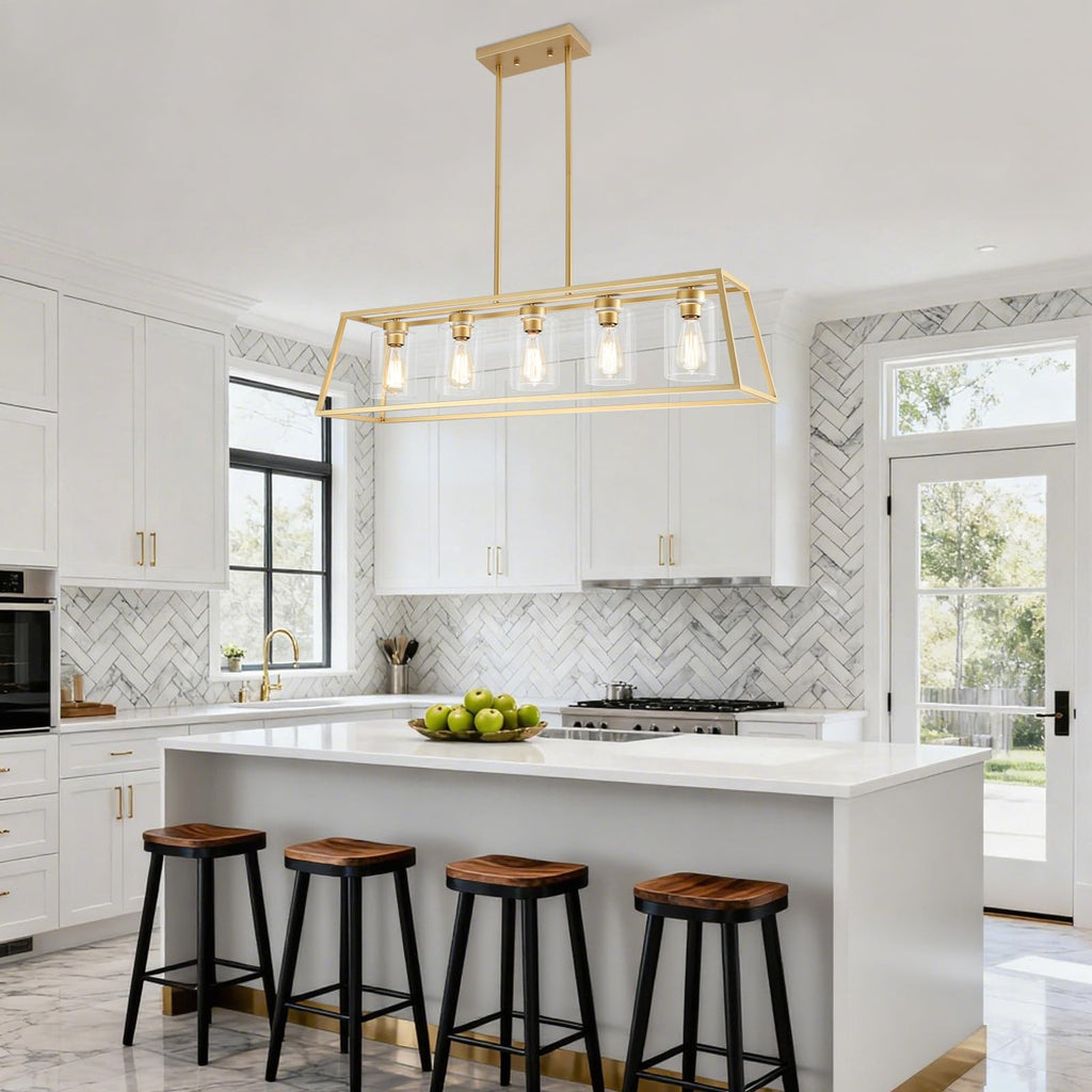 Gold Rectangle Chandeliers Light fixture Over Table