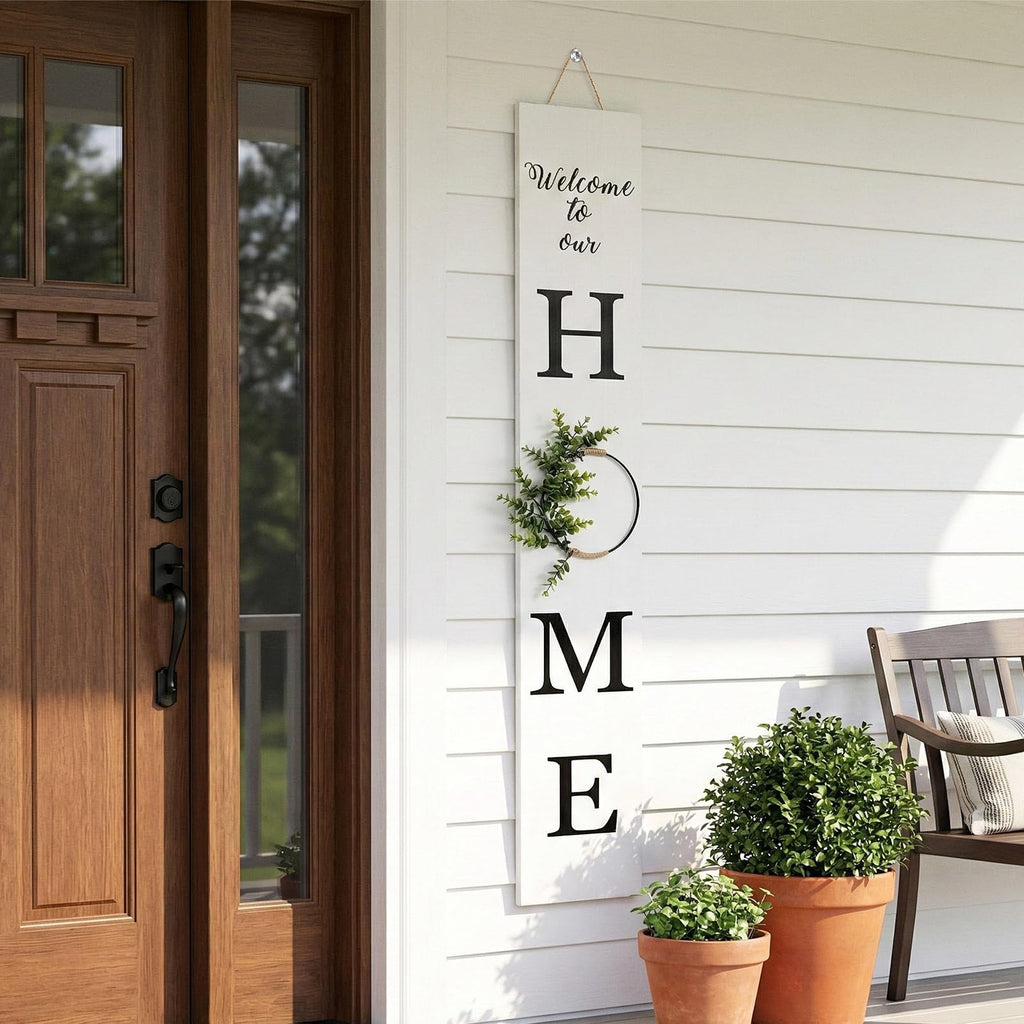 47.2" H Welcome to Our Home Sign with 3D Wreath (No Splicing), Large Wooden Welcome Sign Porch Front Door Standing