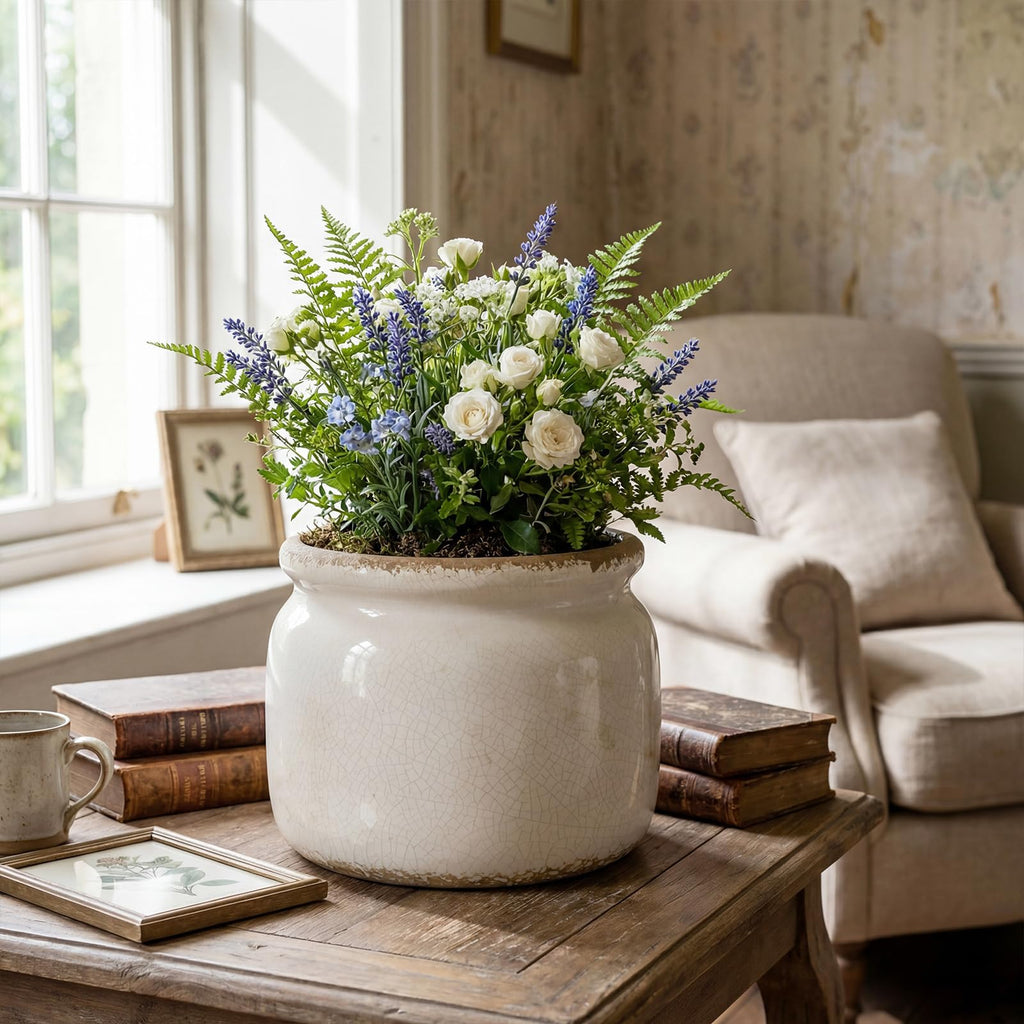 7.7′′ Large Vintage Ceramic Plant Pot Pure Beige Rustic Planter with Ice Crackle Glaze & Drainage Hole for Indoor