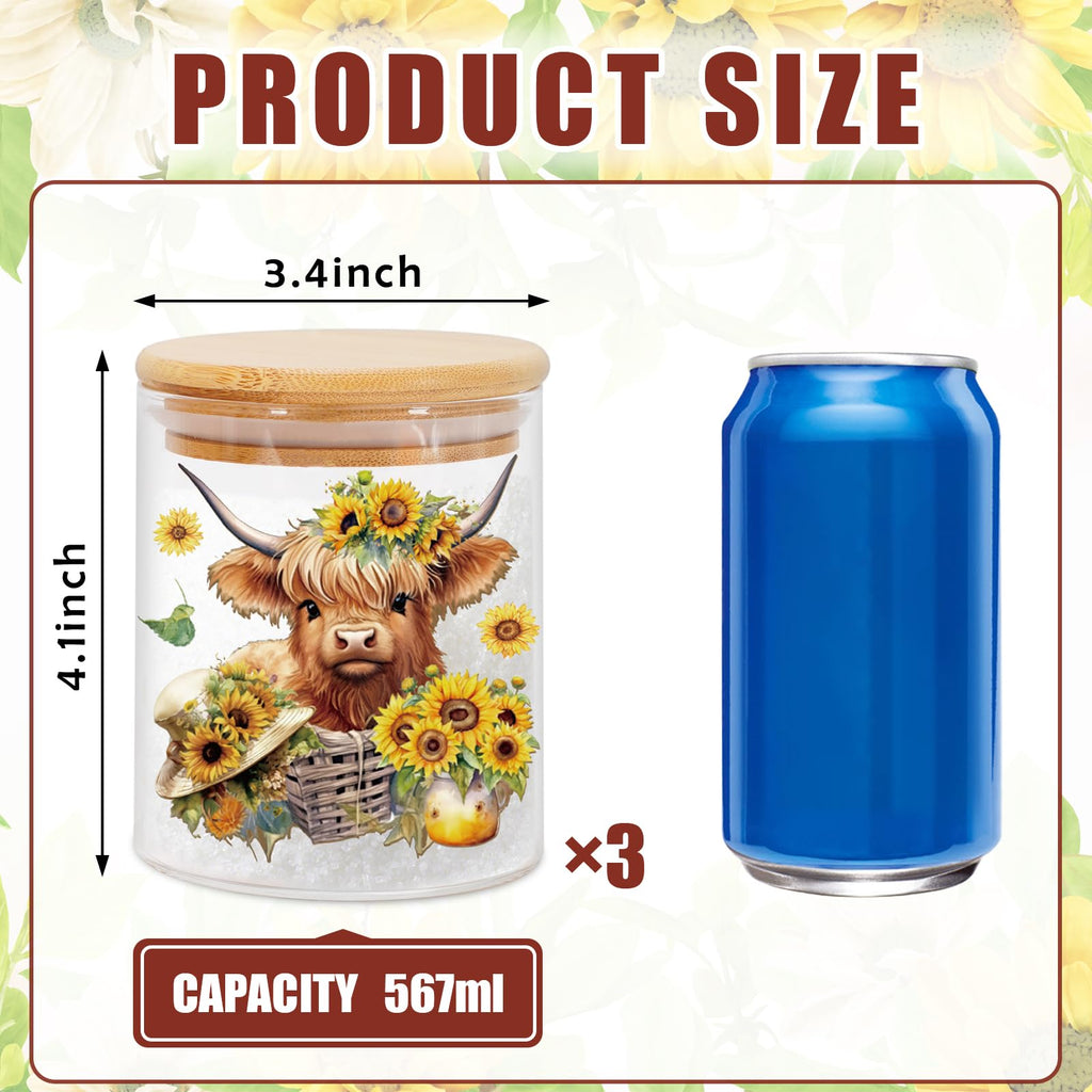 3Pcs Highland Cow Sunflower Glass Storage Jars With Airtight Lid Cattle Floral Decorative Canisters Sets for Cookie