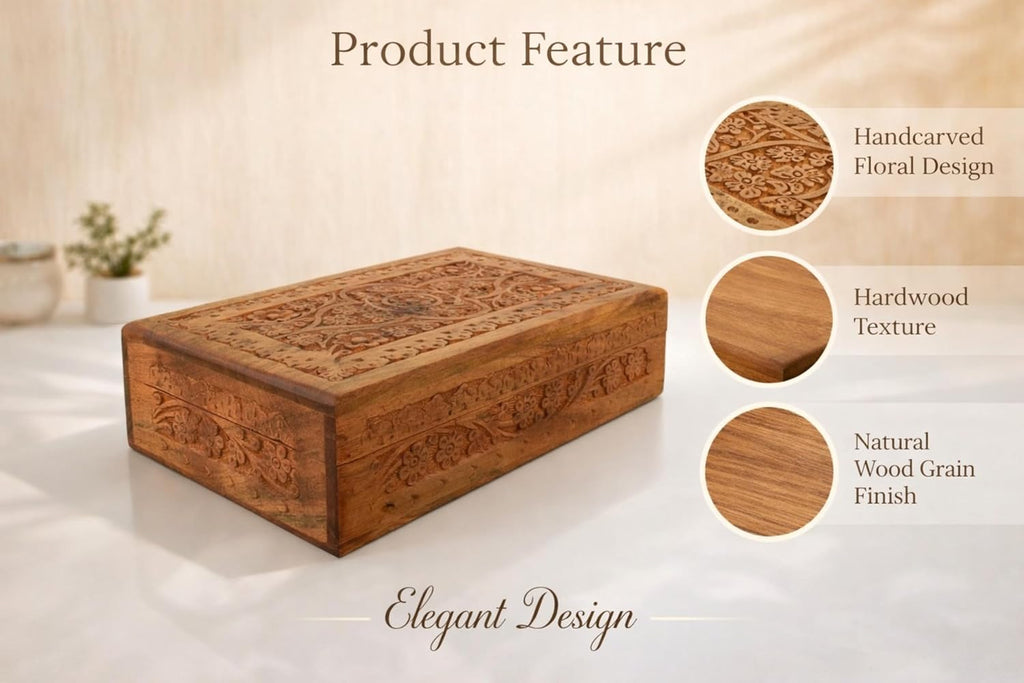 Hand Carved Wooden Memory Box - Decorative Wooden Keepsake Storage Box for Jewelry, Watches, Coins & Trinkets