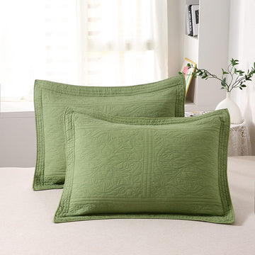100% Cotton Quilted Pillow Sham Floral Printed Pillow Cover (Standard, Olive Green)