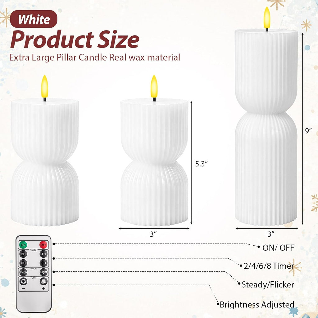 Flameless LED Candles Hourglass Remote Timer Wax,Ivory White - Set of 3