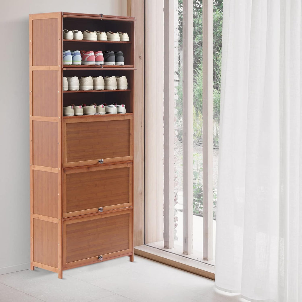 Tall Bamboo Shoe Storage Cabinet Bamboo Shoe Rack with Doors, 11 Tier Freestanding Shoes Rack Heels Sneakers Shelf