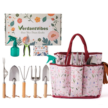 Gardening Tools Set - 10 Piece Stainless Steel Garden Tools with Wood Handle, Pruners & Romantic Pink Floral Tote Bag