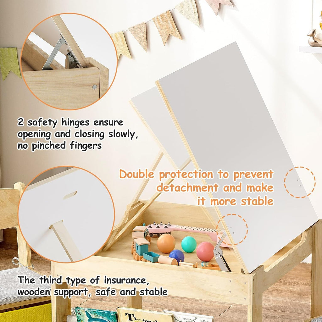 Kids Table and 2 Chairs Set, Wooden Toddler Activity Table with Adjustable Drawing Tabletop, Safety Hinges, Storage
