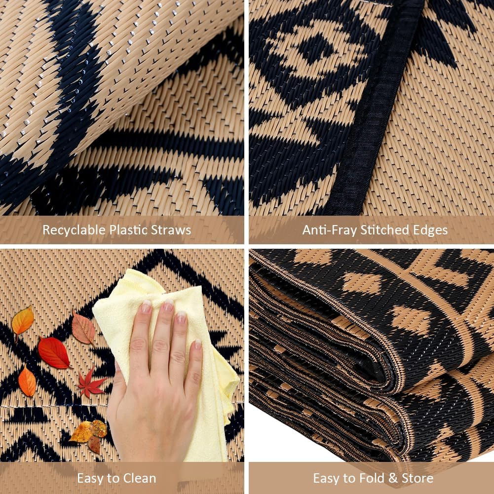 Outdoor Rug Waterproof Patio Rug Plastic Rug Black & Brown