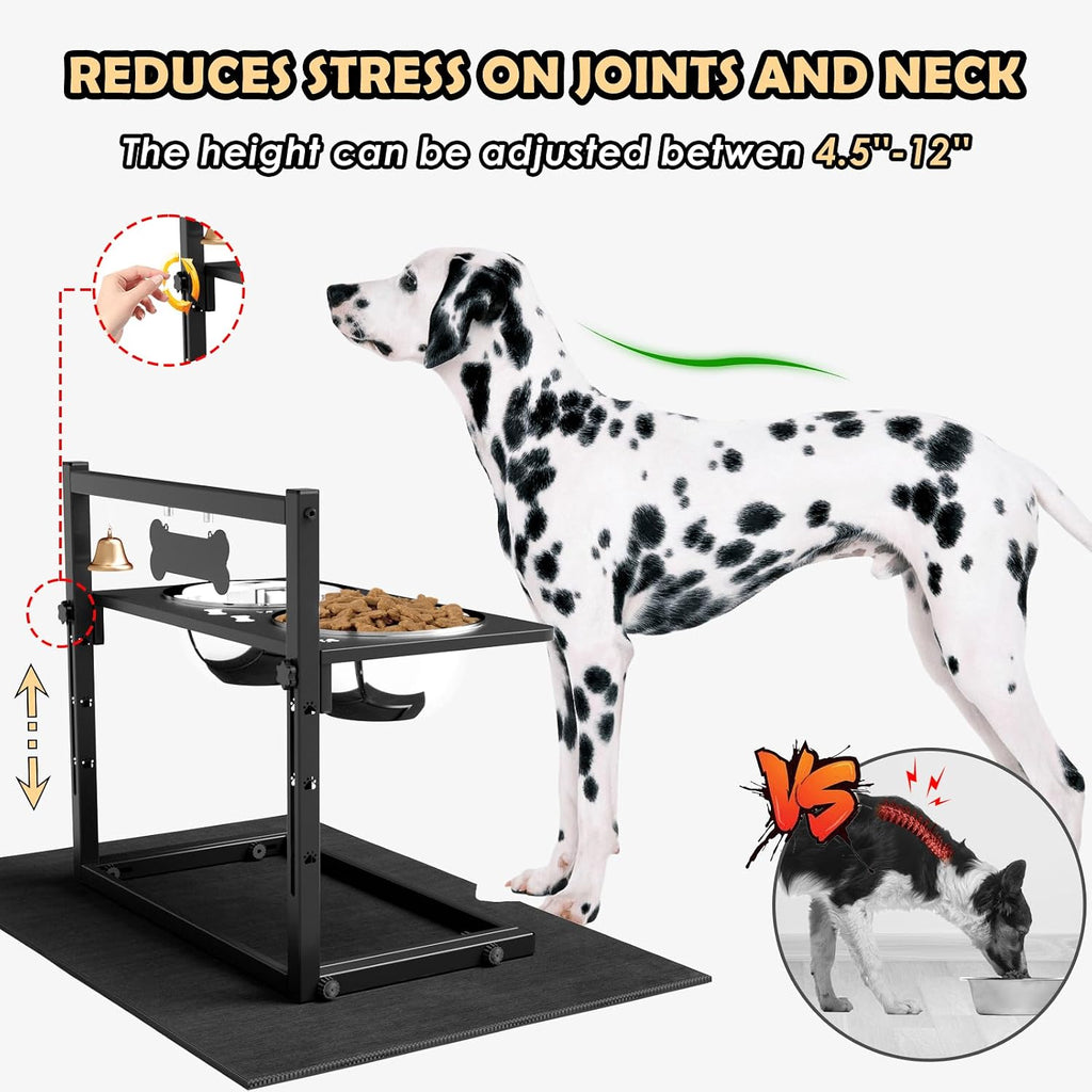 Elevated Dog Bowls with Slow Feeder and Spill Proof Mat, Adjustable Height 4.3-11.8'', Two 1.7L Stainless Steel Food