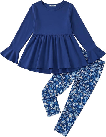 Girls 2 Piece Outfits Fall Peplum Top with Floral Print Pants