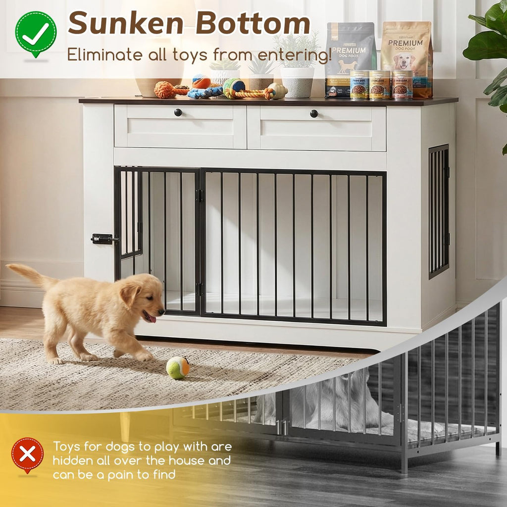 Dog Crate Furniture TV Stand with Charging Station-47. Heavy Duty Dog Kennel Furniture tv table with 2 Drawers