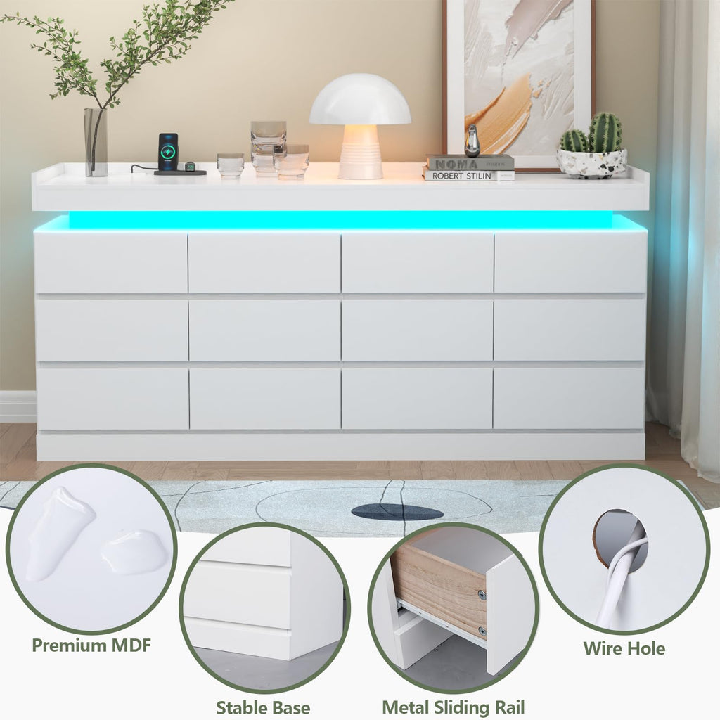 Extra Large 6 Drawer Dresser with 12 Compartment, Dresser with Power Outlet