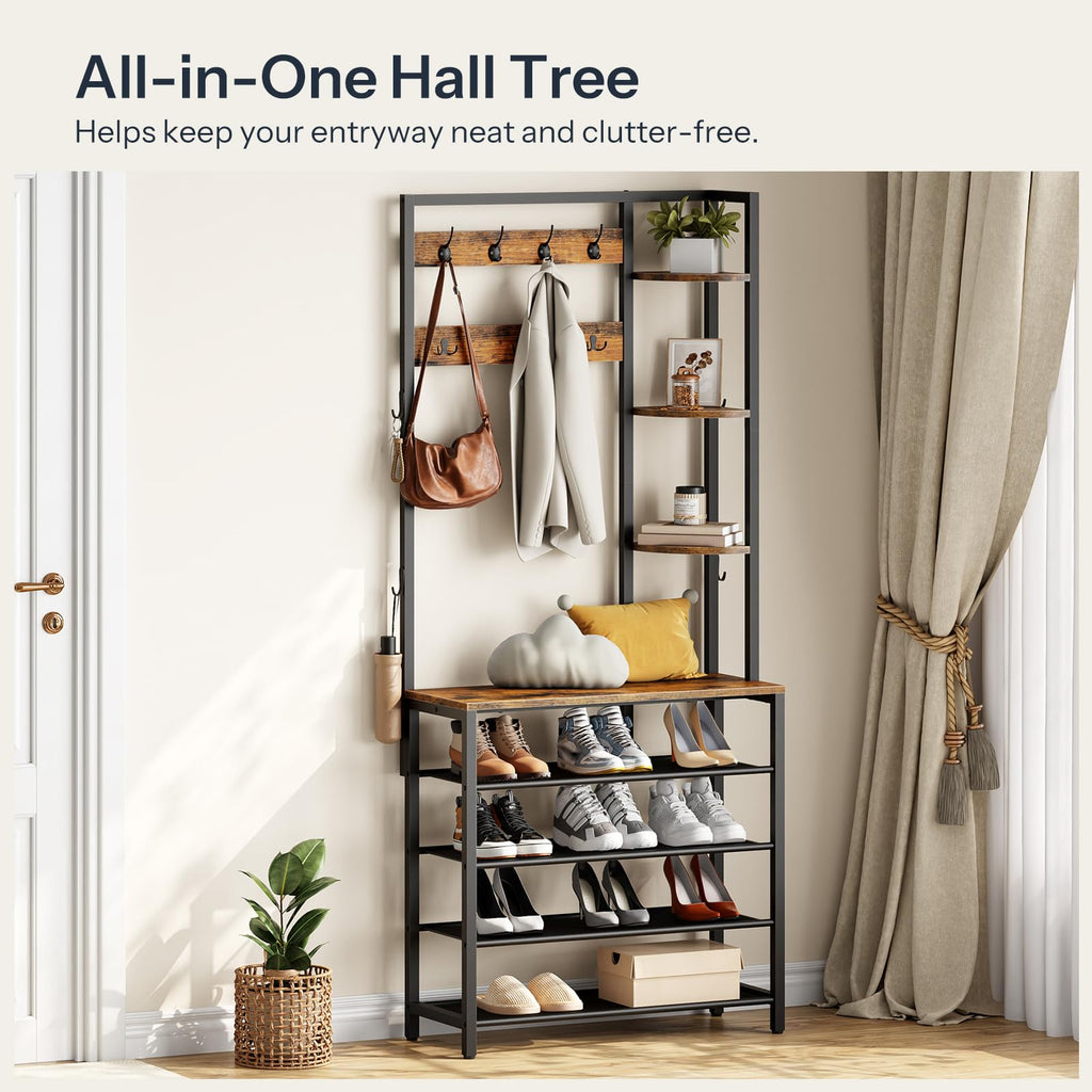 Hall Tree with Shoe Rack and Coat Hooks, Rustic Brown and Black