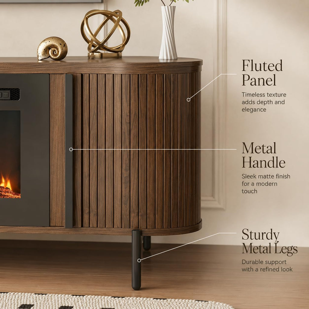 70" Fluted TV Stand with Fireplace, Mid Century Modern TV Stand, Entertainment Center for TVs Up to 80"