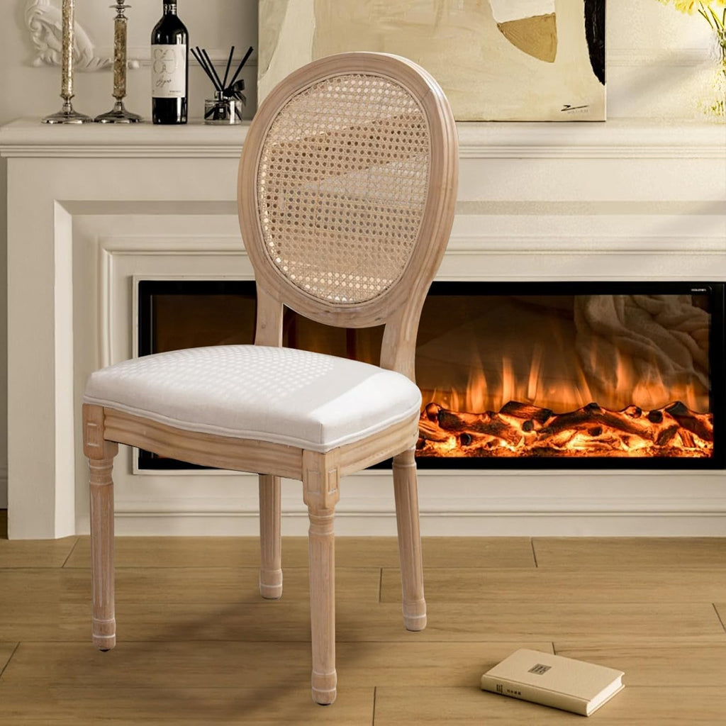 French Country Dining Chairs Set of 2, Farmhouse Rattan Dining Chairs with Round Back and Wood Legs for Kitchen or Bedroom, Beige