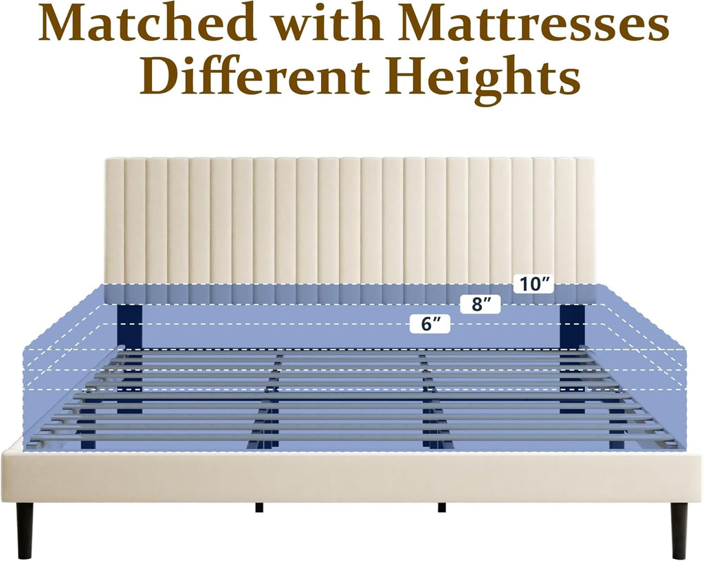 King Bed Frame with Velvet Upholstered Headboard, Platform Bed with Strong Wood Slats, Mattress Foundation