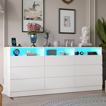 9 Drawer Dresser w/Power Outlet & LED Light, Modern Chest of Drawers