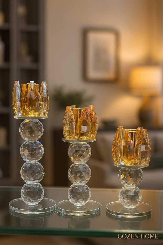 Crystal Candle Holder Set 3 Piece Gold Amber Glass 6.3 x 5.5 in - Gold
