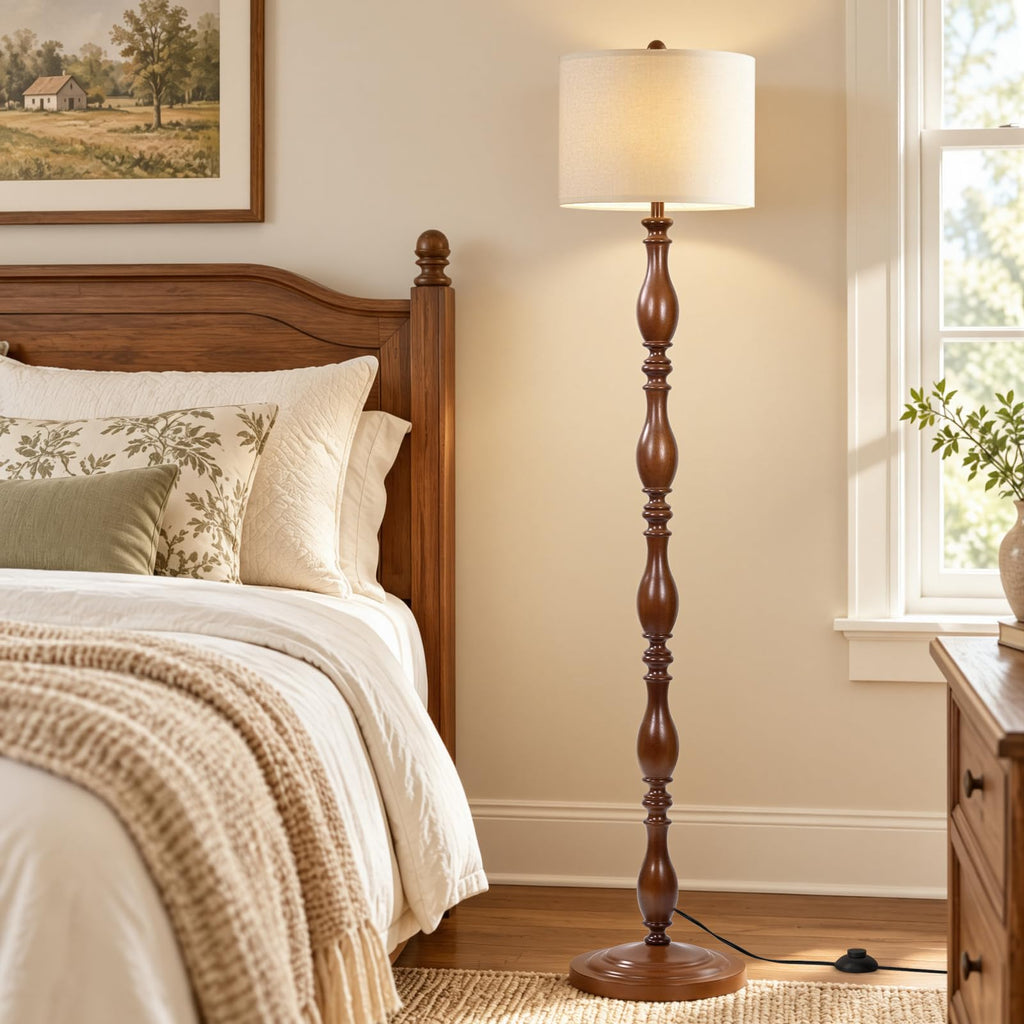 Vintage Wood Floor Lamp with Remote and Dimmable
