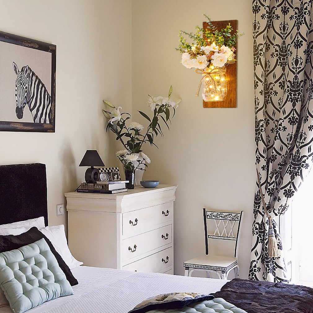 Sconces Mason Jar Sconces Handmade Wall Art Hanging Design with Remote Control LED Fairy Lights and White Peony, Wall
