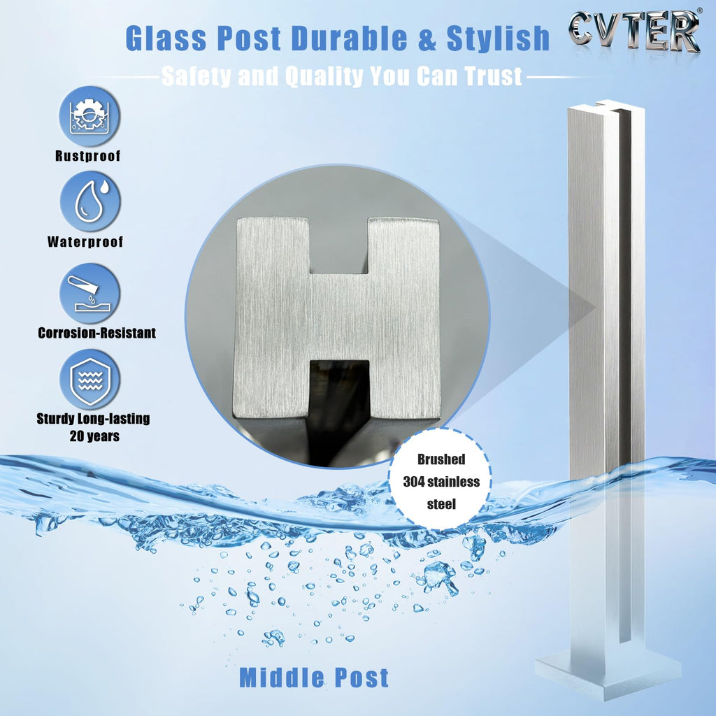 Glass Railing Post, No-Punch / 304 Stainless Steel Glass Railing Spigot with Slots & Base, Heavy-Duty Clamp Bracket