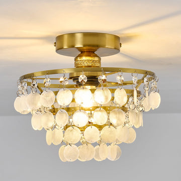 Capiz Shell Ceiling Light, Modern Gold Semi Flush Mount Chandelier with Crystal & Natural Seashell, Small Coastal