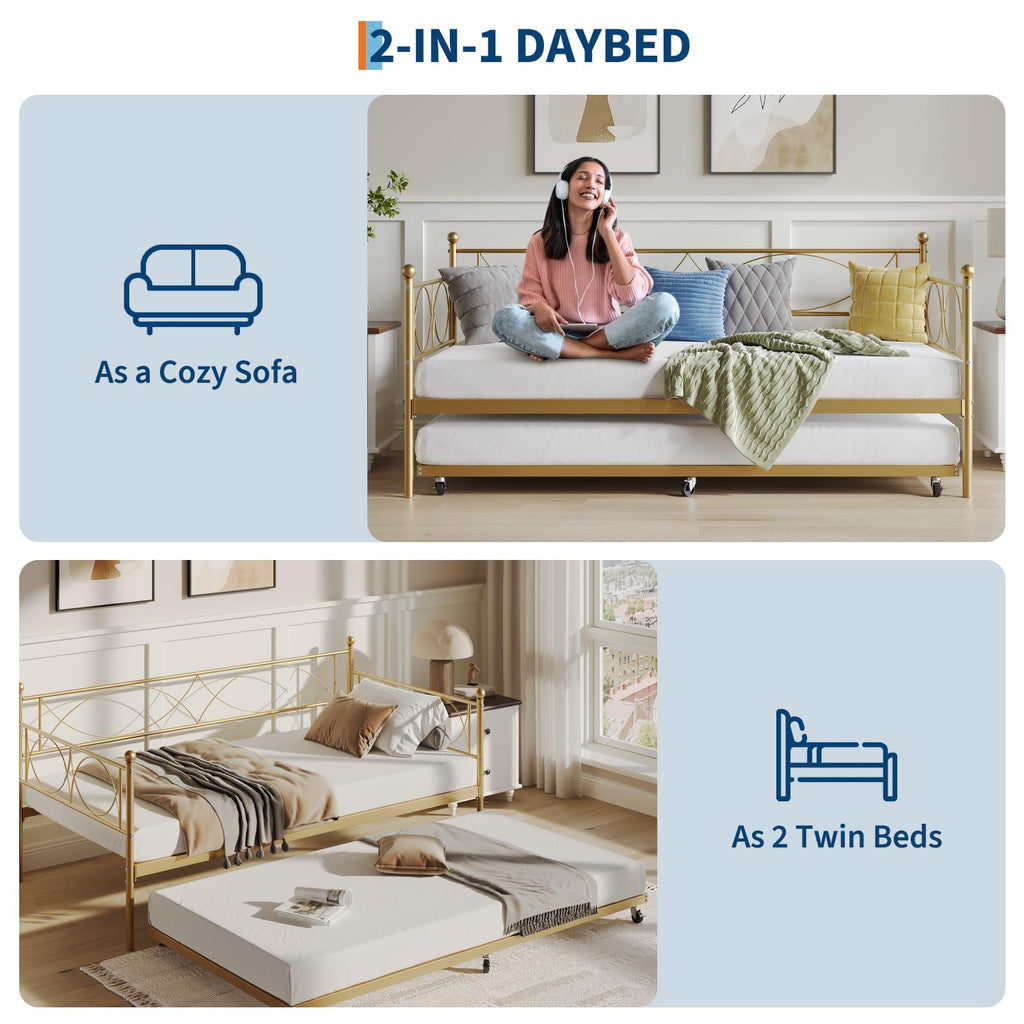 Metal Twin daybed with Trundle with Steel Slat Support