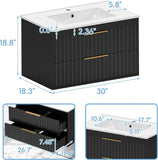 30" Floating Bathroom Vanity with Sink - Wall Mounted Vanity Cabinet with 2 Drawers & Gold Handles, Black