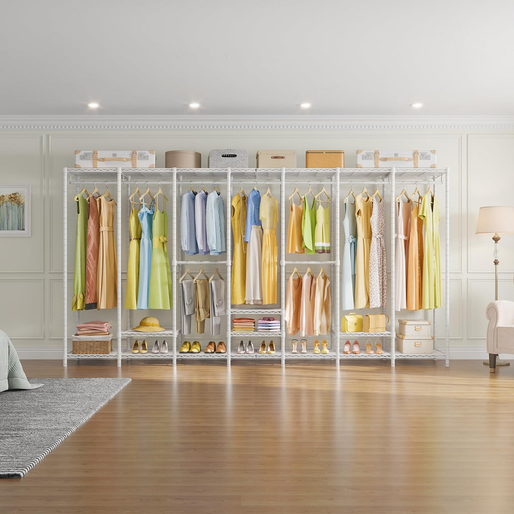 V70 White Metal Garment Rack, Adjustable Open Wardrobe Load 1670lbs