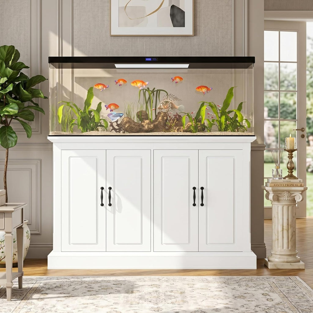 55-75 Gal Fish Tank Stand with Power Outlet and Storage Cabinets, White