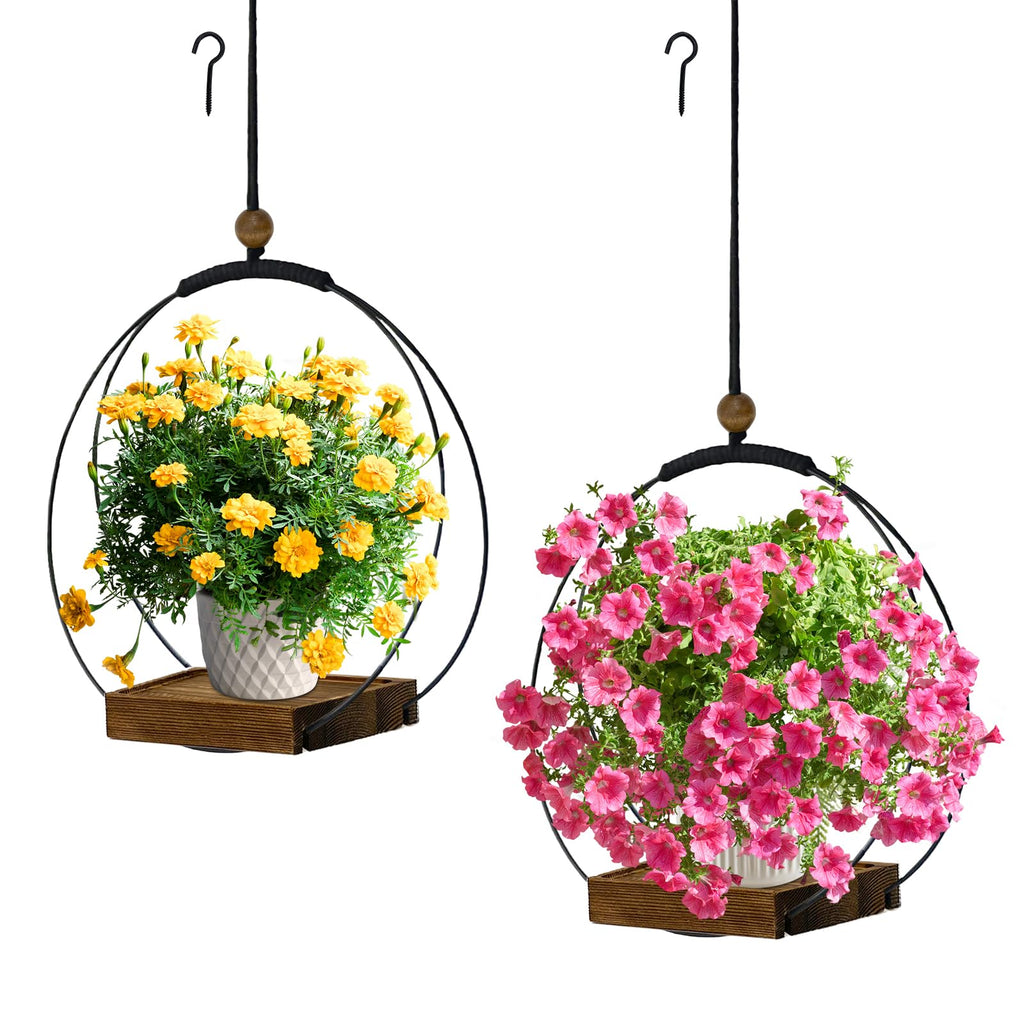 2 Pack Hanging Planter for Indoor Plants, Black Plant Hanger with Sturdy Wood Base, Modern Boho Macrame Hanger, Wall
