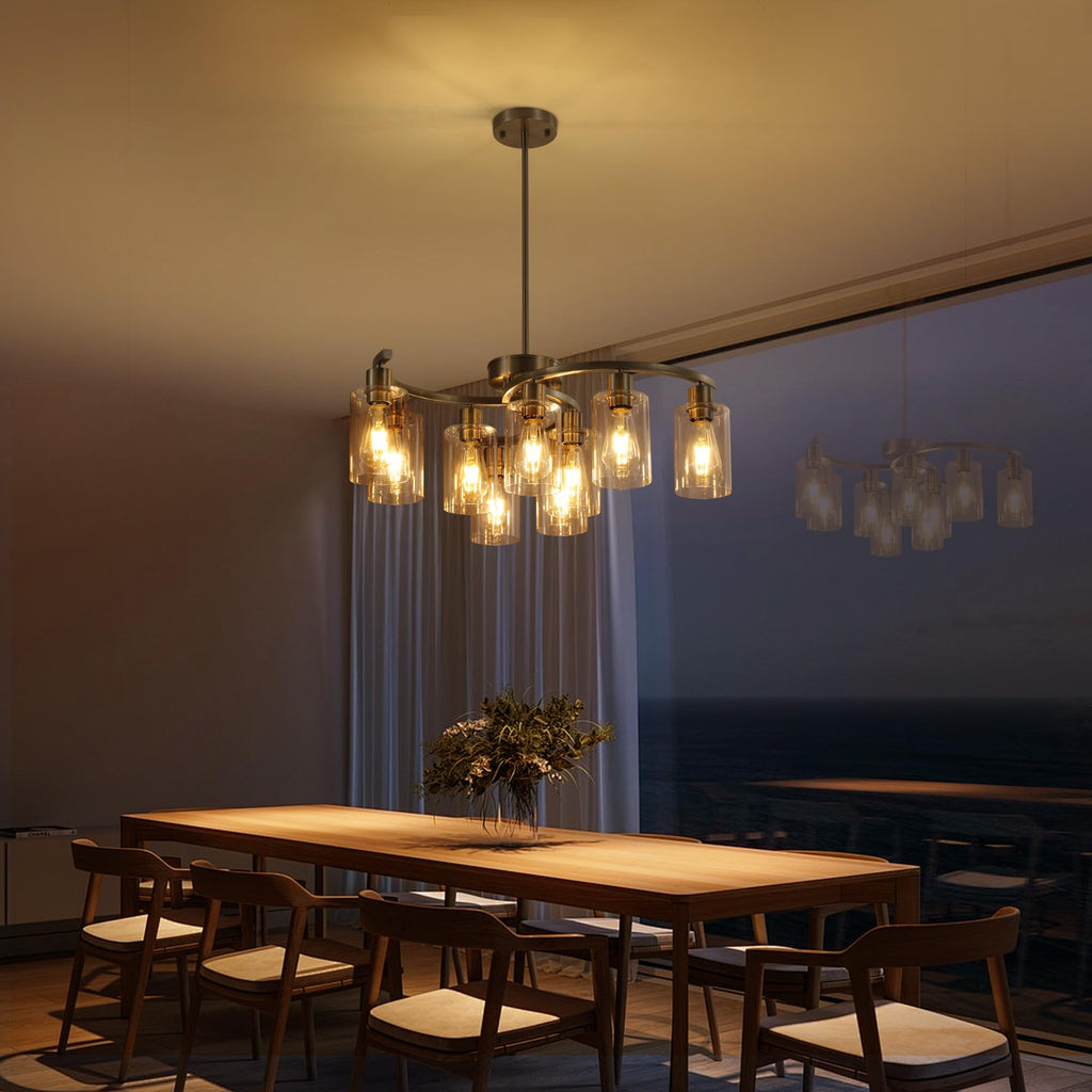 9-Light Brushed Nickel Glass Chandelier, Adjustable Height Hanging Industrial Dining Room Chandelier Over Table