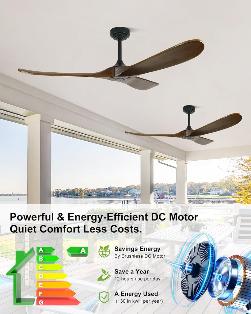 52 Inch Outdoor Ceiling Fans without Lights, Smart Wood Ceiling Fan no Light with Remote Control & Alexa/Google