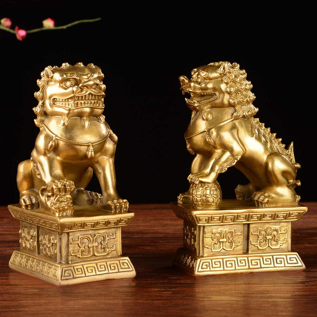 Golden Guardian Lion Sculpture, Pair Foo Dogs Statues 5.9in (H)