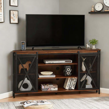 Corner TV Stand for 55 Inch TV, Rustic Corner Entertainment Center with Storage, Industrial Media Console Table with