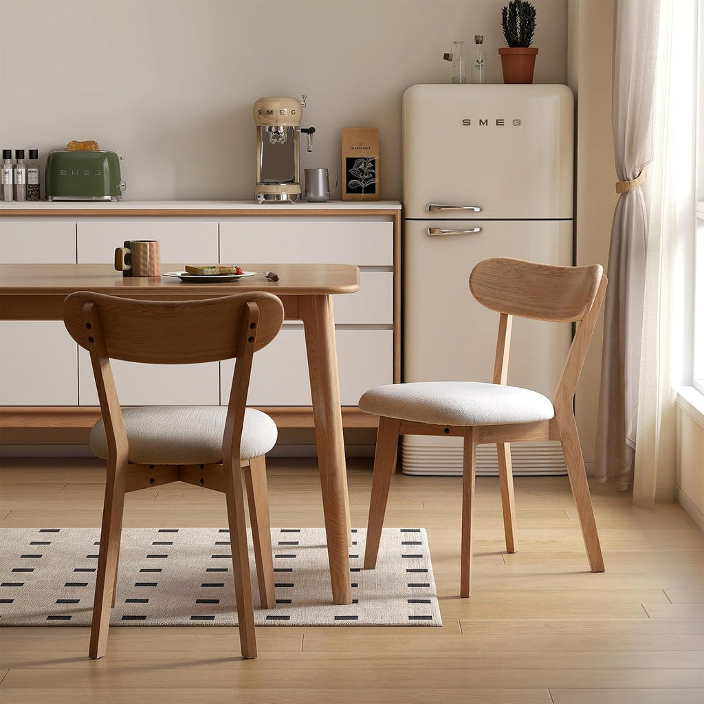 100% Solid Oak Dining Chairs, Mid Century Modern Dining Chair with Curved Backrest, Fabric Upholstered Dining Chairs